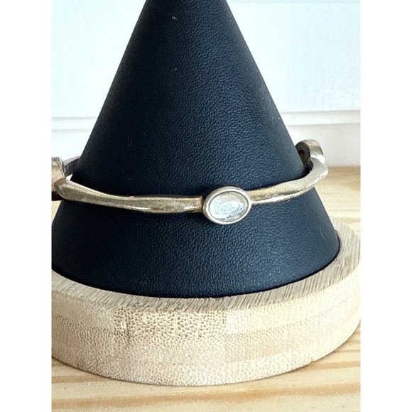 Gold Tone Metal Bangle Bracelet with White and Clear Spacers 8" - Picture 1 of 4